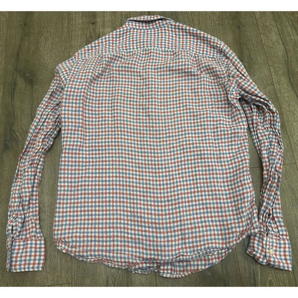 J Crew Linen Shirt Men’s Medium Red White Blue Gingham Button Down Slim